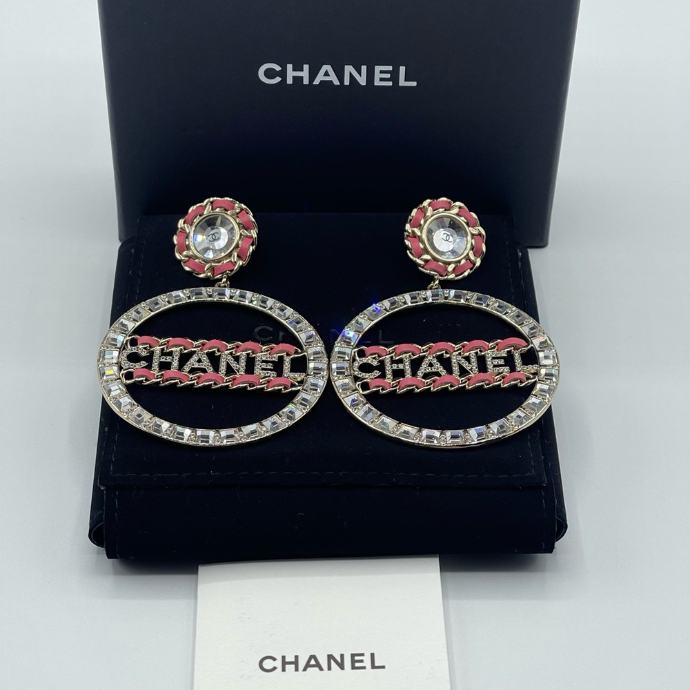 Chanel Baguette Crystal Dangle Drop Hoop Earrings - Picture 2 of 16